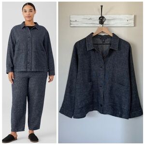 EILEEN FISHER XL Tweedy Hemp Cotton Classic Collar Cropped Jacket in Denim Blue
